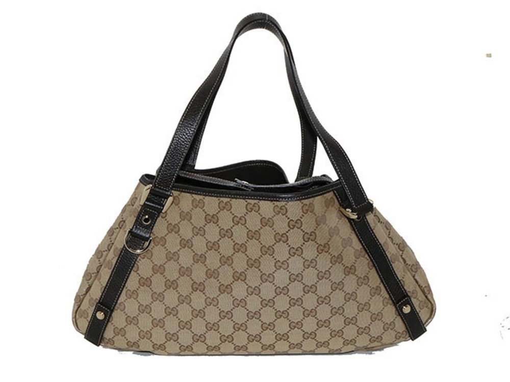 Gucci GG Tote Bag Beige Cream Dark Brown Leather